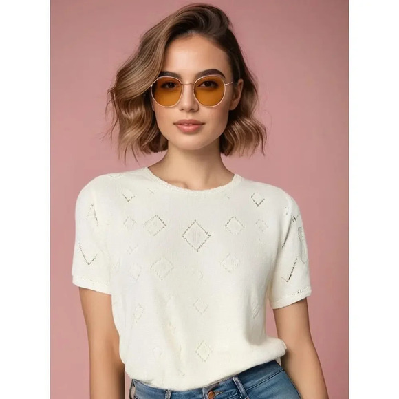 Vintage Colleen's Collection Women's Medium White Textured Lace Short Sleeve Top - Picture 1 of 7